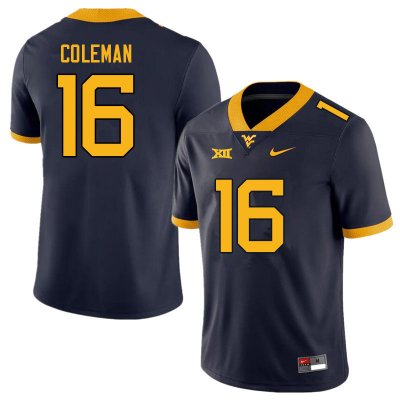 Men's West Virginia Mountaineers NCAA #16 Caleb Coleman Navy Authentic Nike Stitched College Football Jersey ER15R55MO